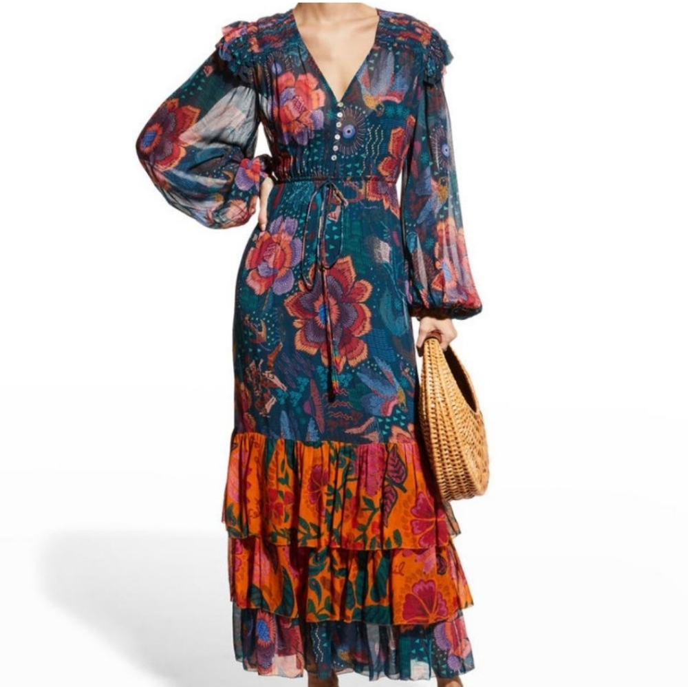 Farm Rio Teal River Creatures Mix Print A-Line Maxi Dress
